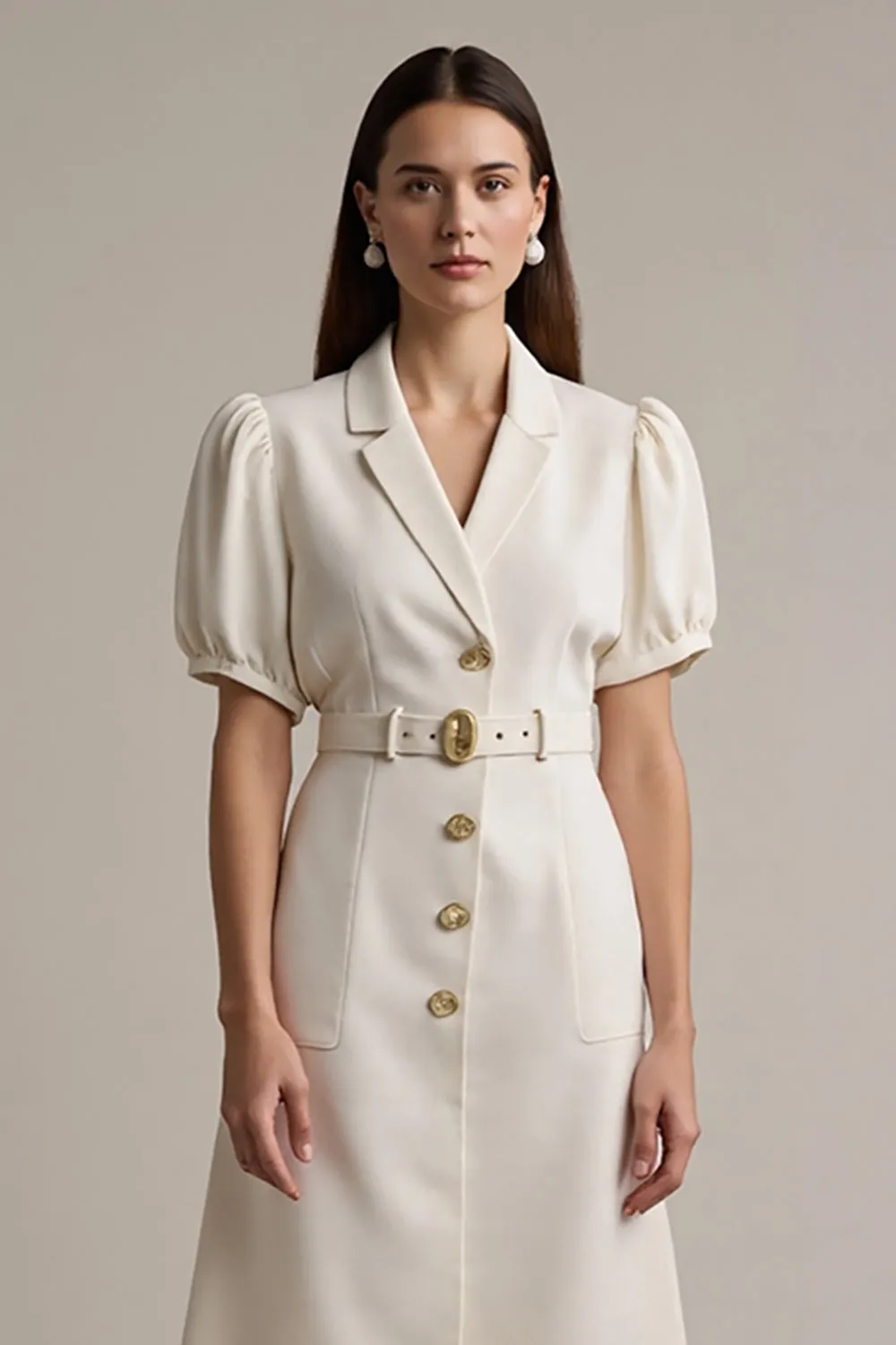 Ivory Satin Notched Lapel Midi Work Dress with Belt sold by Zapaka product image thumbnail 3