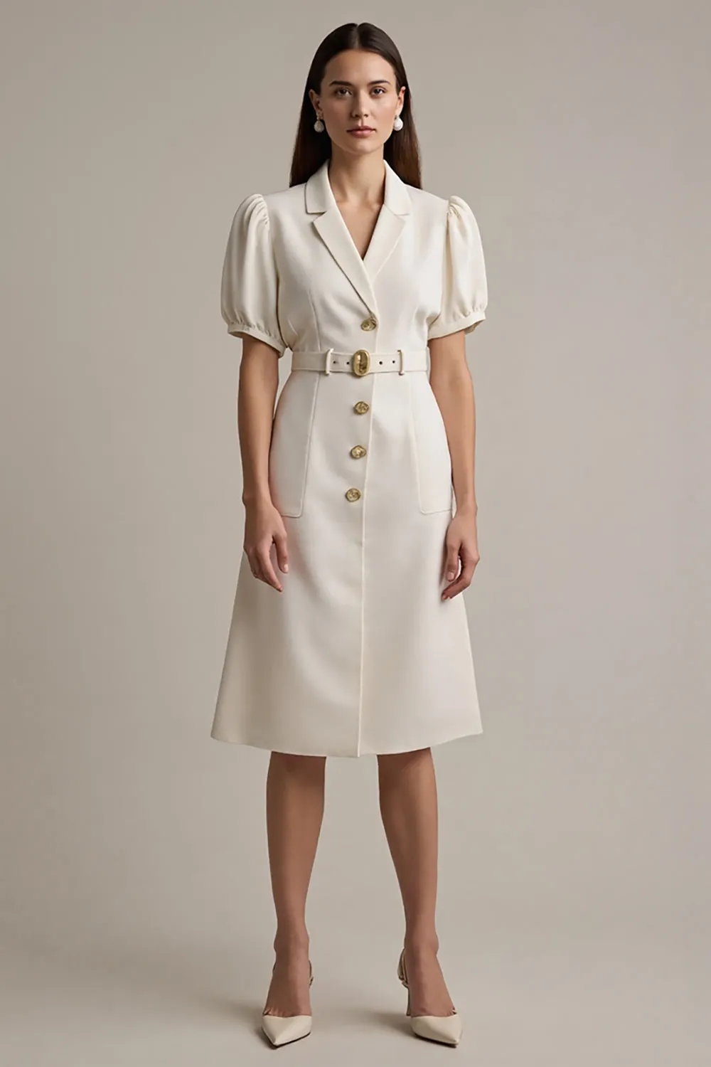 Ivory Satin Notched Lapel Midi Work Dress with Belt sold by Zapaka