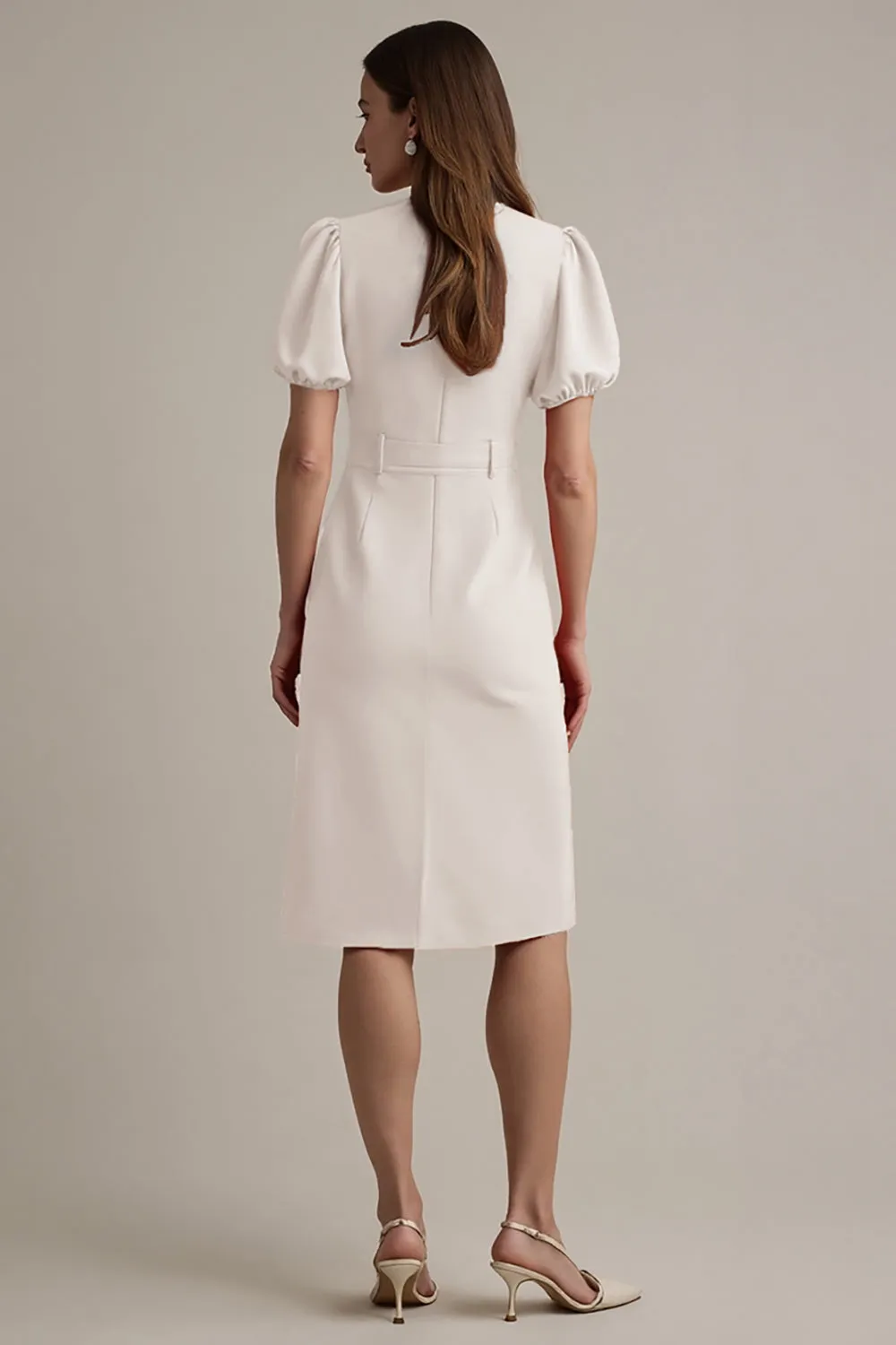 Ivory Satin Notched Lapel Midi Work Dress with Belt sold by Zapaka product image thumbnail 2