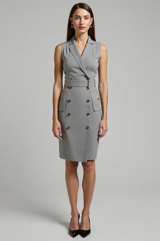 Grey Satin Double Breasted Midi Work Dress with Belt sold by Zapaka