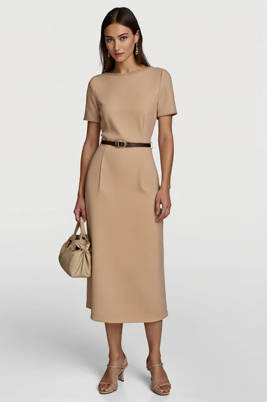 Camel Satin Bodycon Midi Work Dress with Sleeves sold by Zapaka