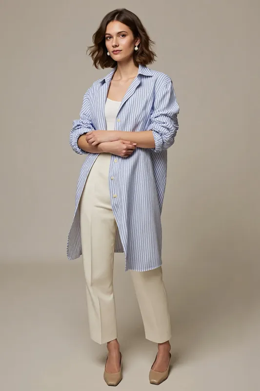 Blue Striped Long Sleeves Collar Neck Women Shirt sold by Zapaka