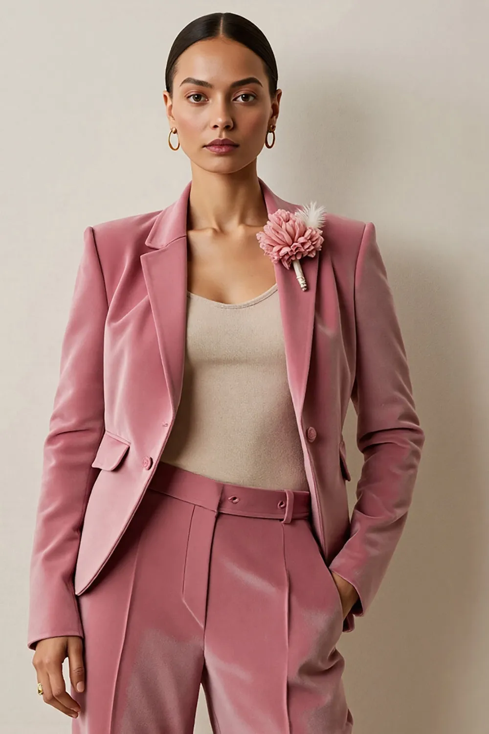 Grey Pink 2 Piece Notched Lapel Women Suits with 3D Flower sold by Zapaka