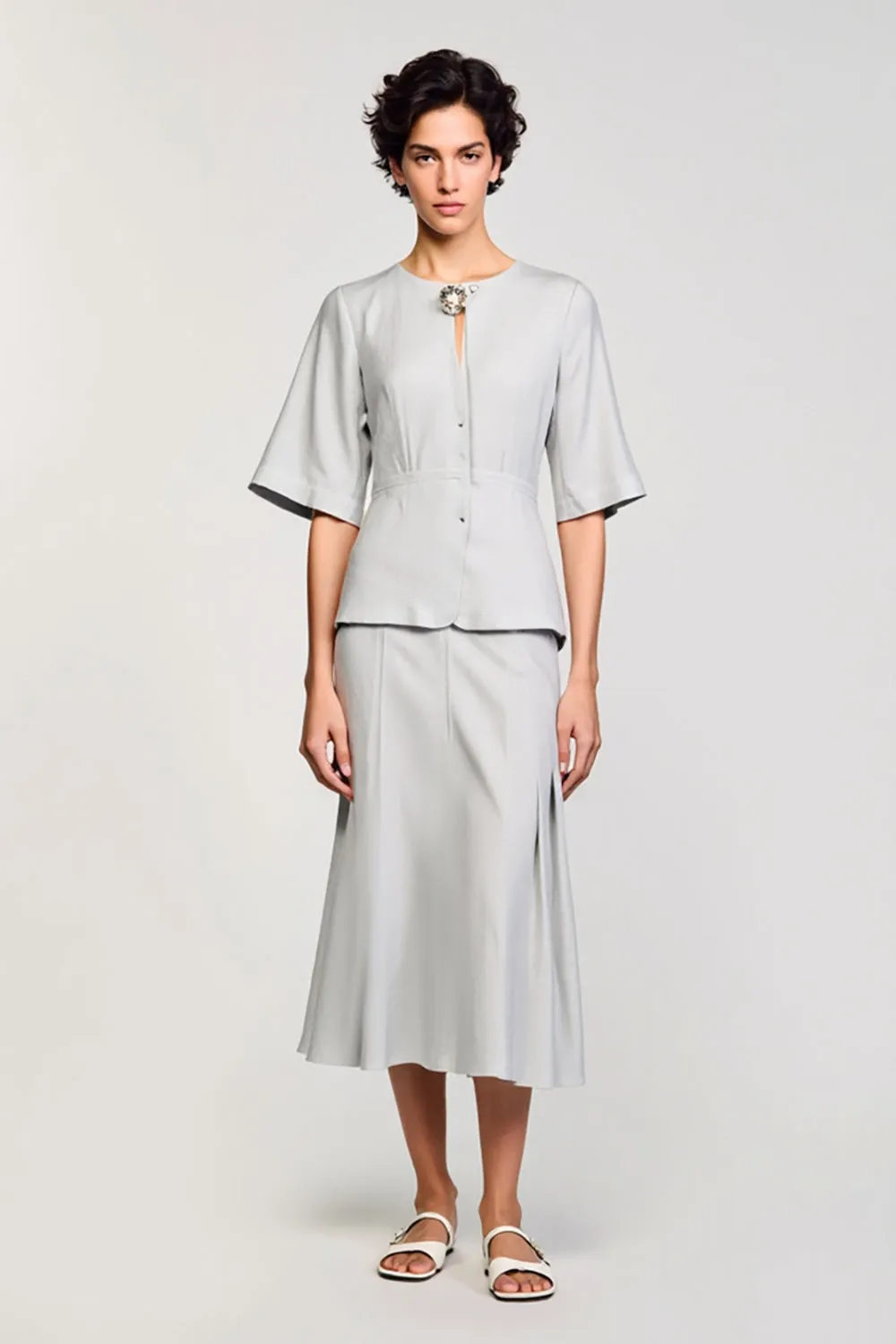 Grey Satin 2 Piece Round Neck Midi Business Suits with Half Sleeves sold by Zapaka