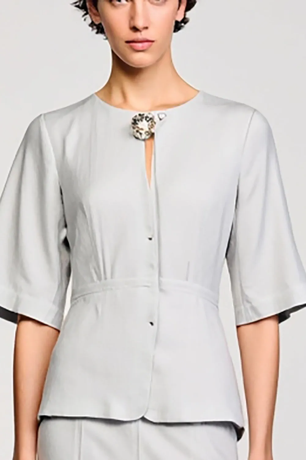 Grey Satin 2 Piece Round Neck Midi Business Suits with Half Sleeves sold by Zapaka product image thumbnail 3