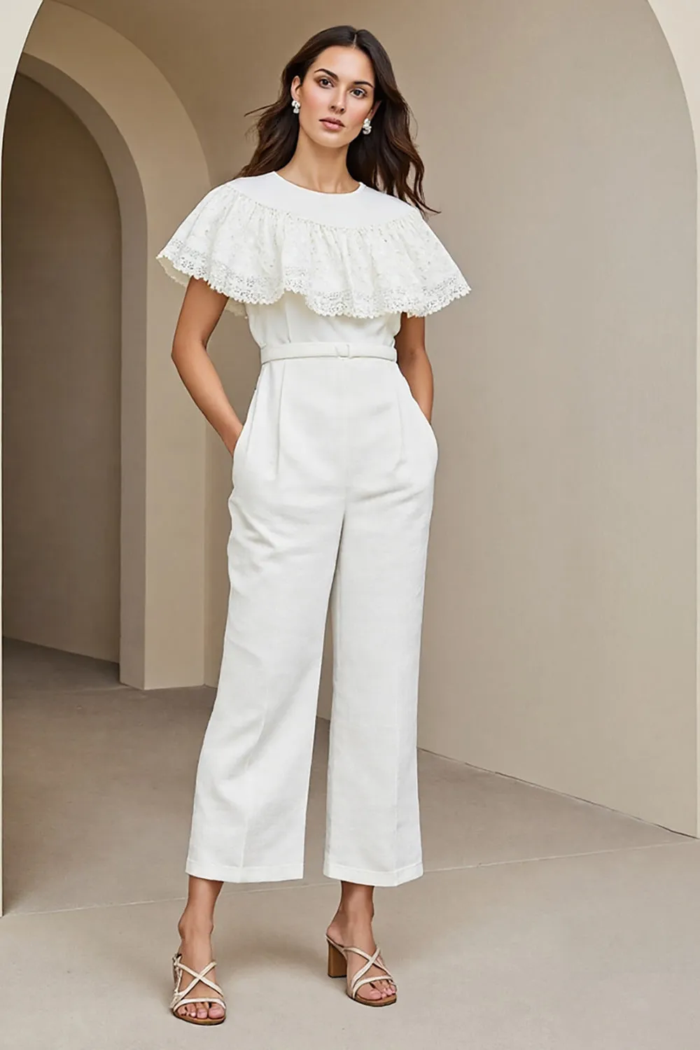 White Round Neck Long Women Jumpsuits with Lace sold by Zapaka