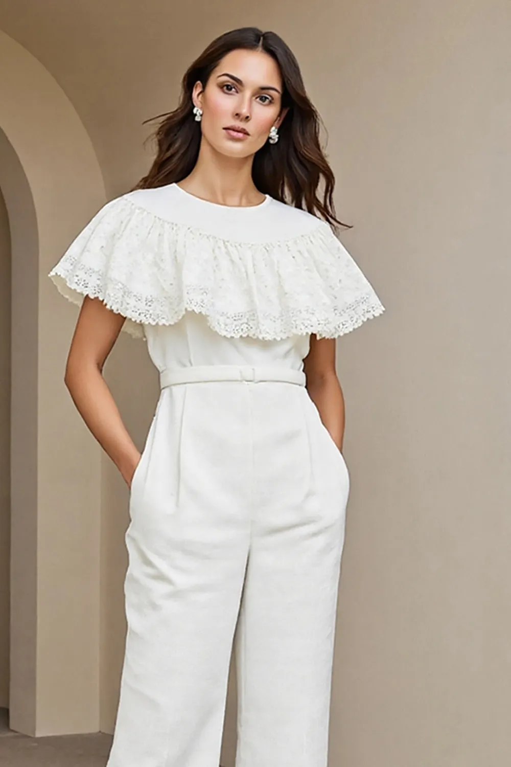 White Round Neck Long Women Jumpsuits with Lace sold by Zapaka product image thumbnail 3