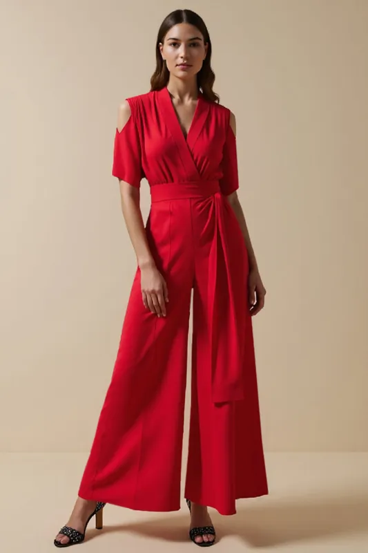 Red Cold Shoulder V Neck Women Jumpsuit sold by Zapaka