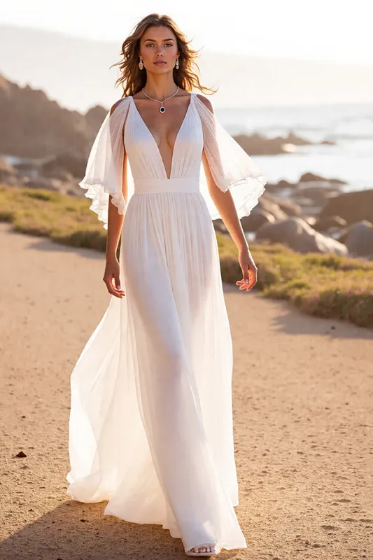 White V Neck Sweep Train Wedding Dress with Ruffles sold by Zapaka