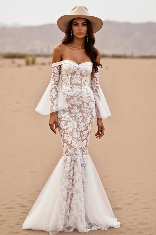 Mermaid White Lace Sweep Train Western Wedding Dress sold by Zapaka