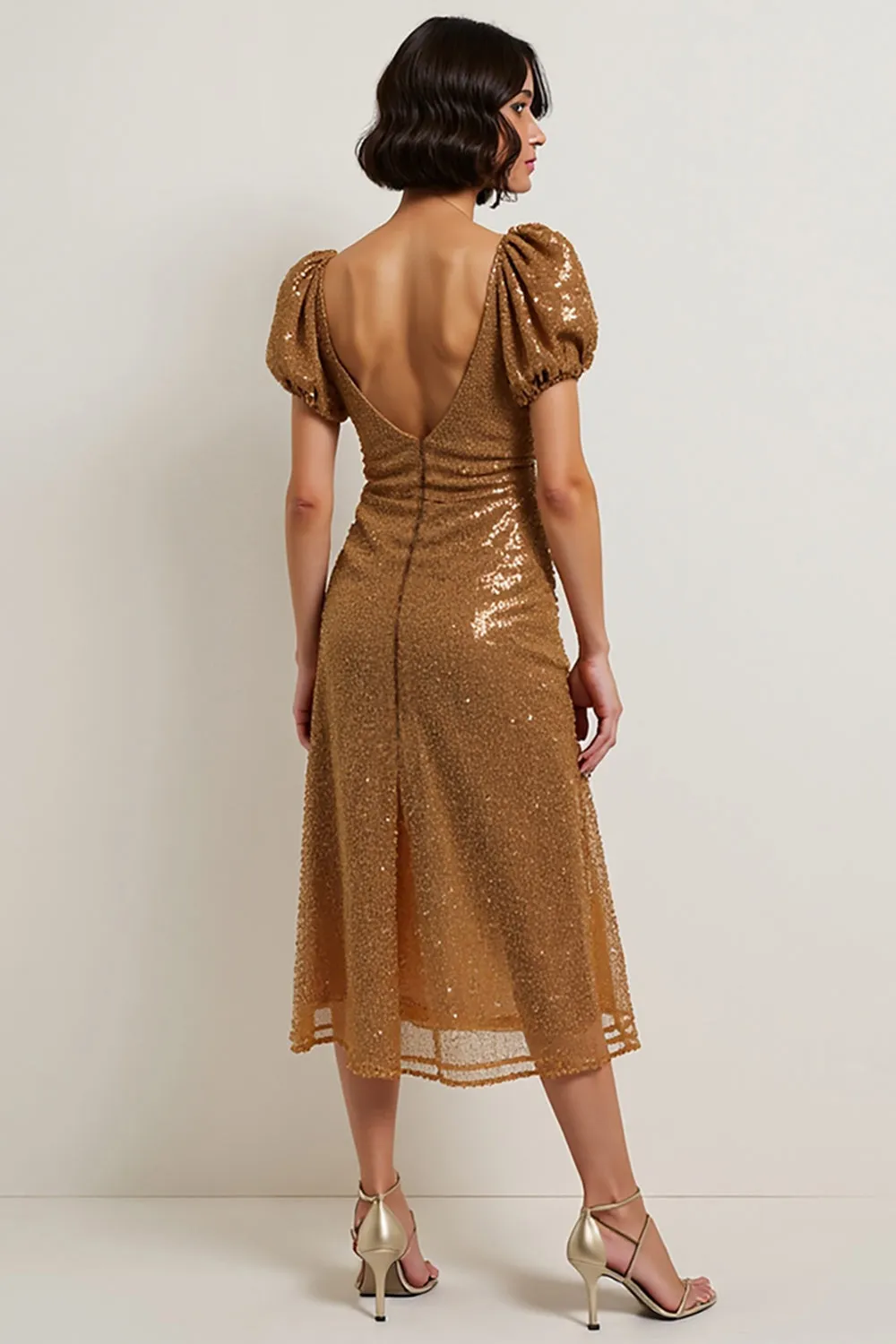 Sparkly Brown Lace A Line Midi Holiday Dress with Sleeves sold by Zapaka product image thumbnail 2