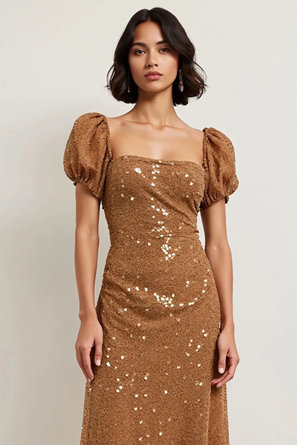 Sparkly Brown Lace A Line Midi Holiday Dress with Sleeves sold by Zapaka product image thumbnail 3