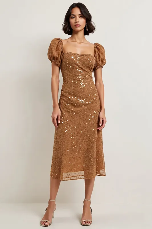 Sparkly Brown Lace A Line Midi Holiday Dress with Sleeves sold by Zapaka