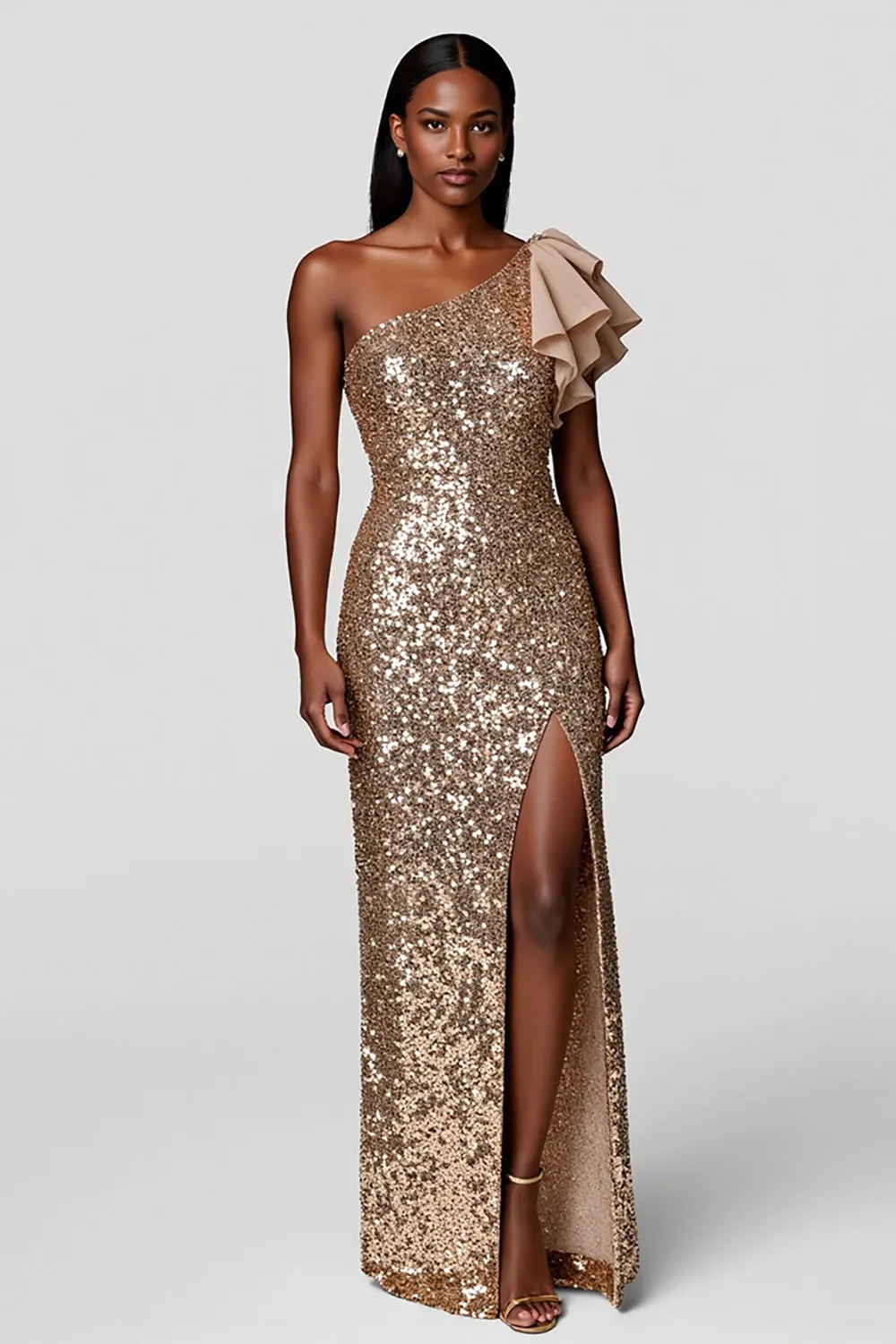 Sparkly Champagne Sheath Sequins Long Holiday Dress sold by Zapaka