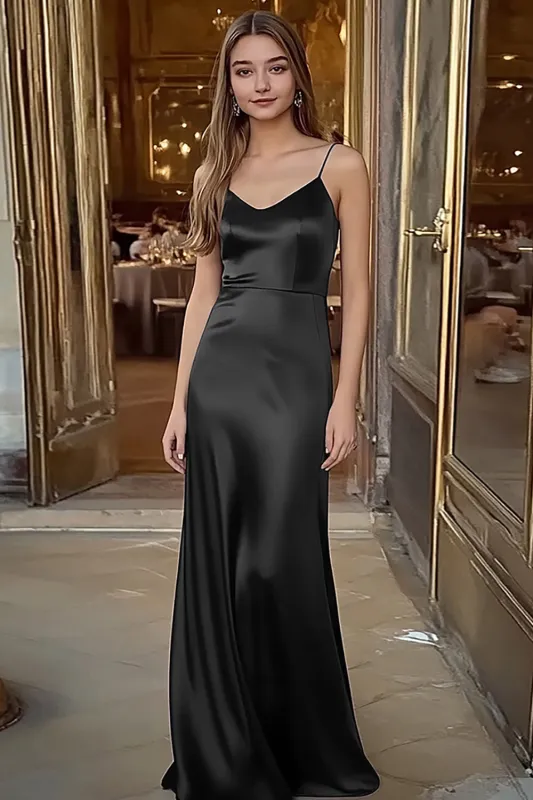 Spaghetti Straps Satin Sheath Black Long Formal Dress sold by Zapaka