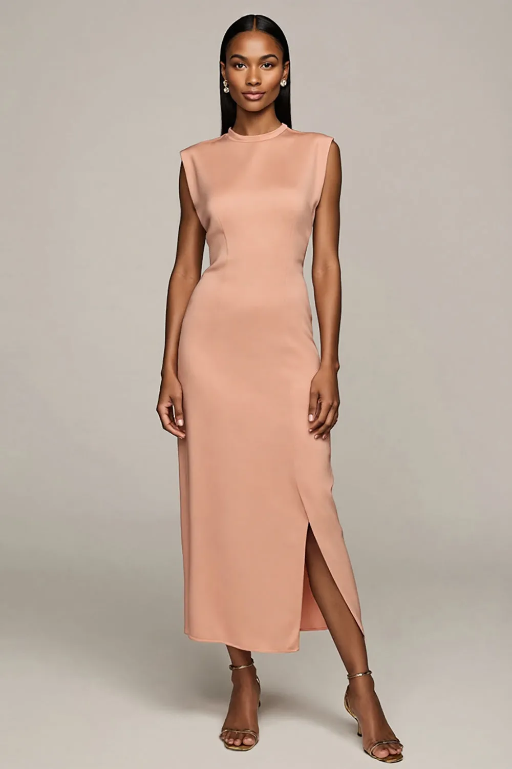 Blush Sheath Satin Long Formal Dress with Slit sold by Zapaka