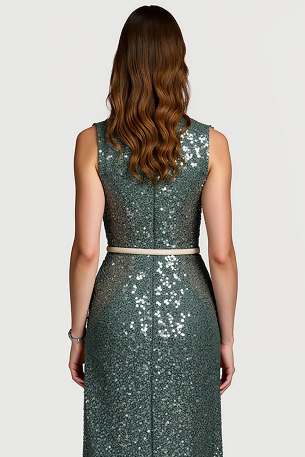 Sparkly Grey Green Sequins Bodycon Midi Semi Formal Dress with Ruffles sold by Zapaka product image thumbnail 4