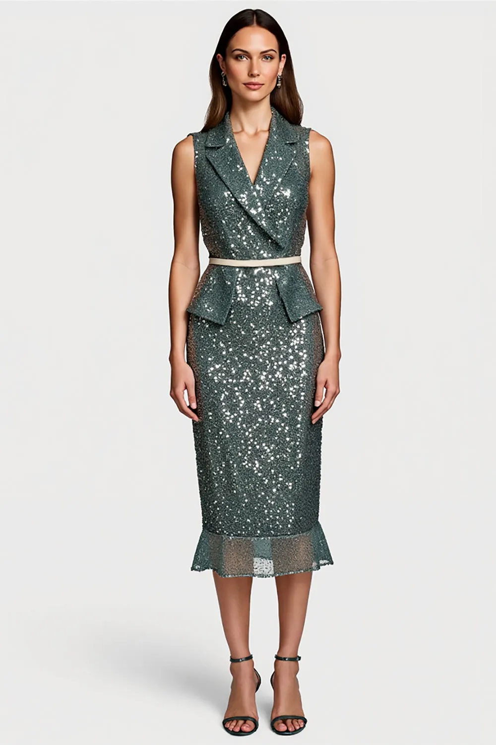 Sparkly Grey Green Sequins Bodycon Midi Semi Formal Dress with Ruffles sold by Zapaka