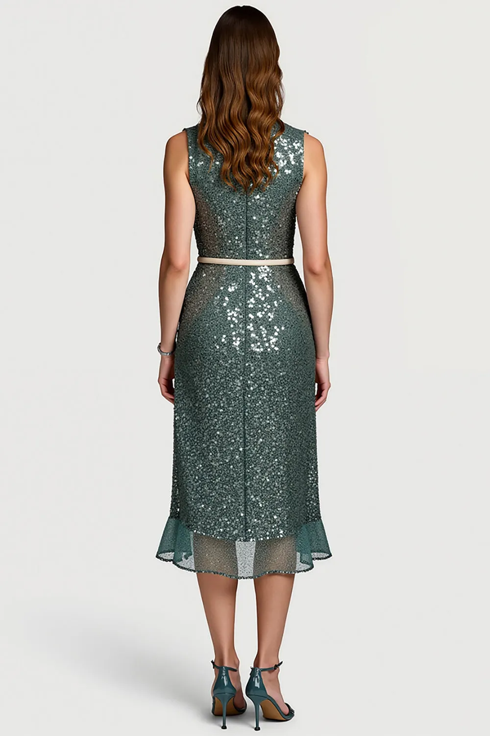 Sparkly Grey Green Sequins Bodycon Midi Semi Formal Dress with Ruffles sold by Zapaka product image thumbnail 2