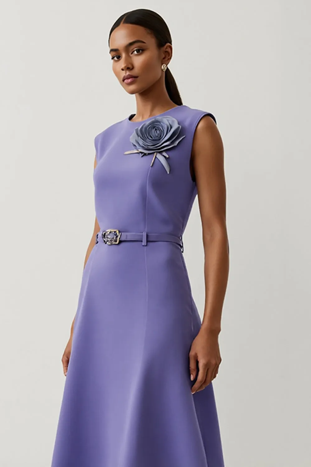 Purple Satin A Line Tea Length Semi Formal Dress with 3D Flower sold by Zapaka product image thumbnail 3