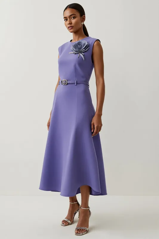 Purple Satin A Line Tea Length Semi Formal Dress with 3D Flower sold by Zapaka
