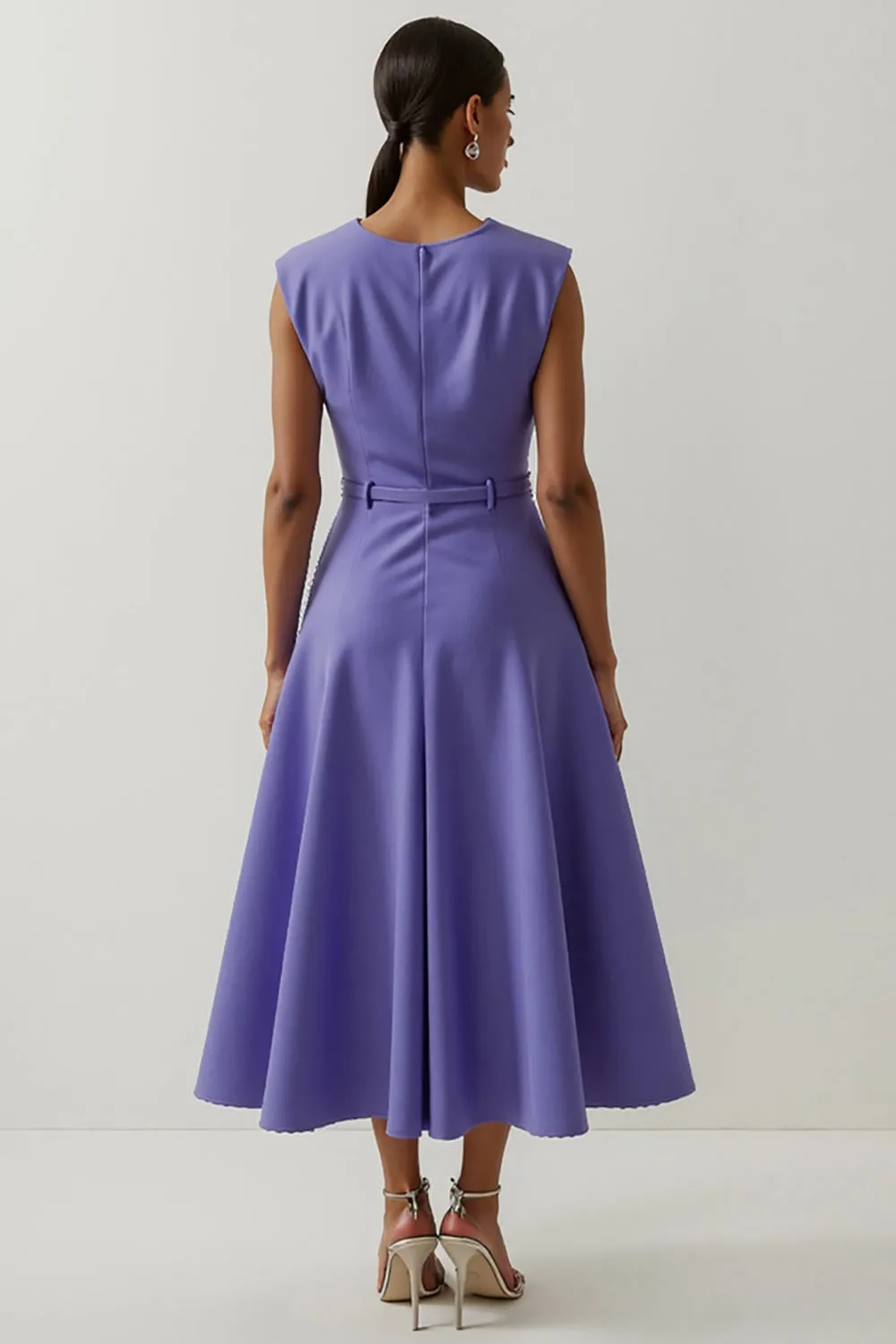 Purple Satin A Line Tea Length Semi Formal Dress with 3D Flower sold by Zapaka product image thumbnail 2