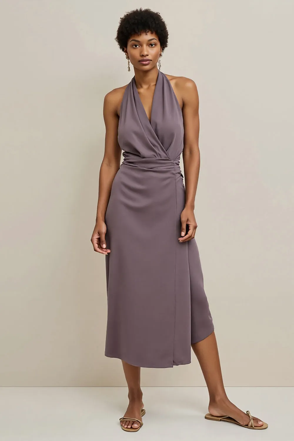 Purple Bodycon Satin Halter Midi Semi Formal Dress sold by Zapaka