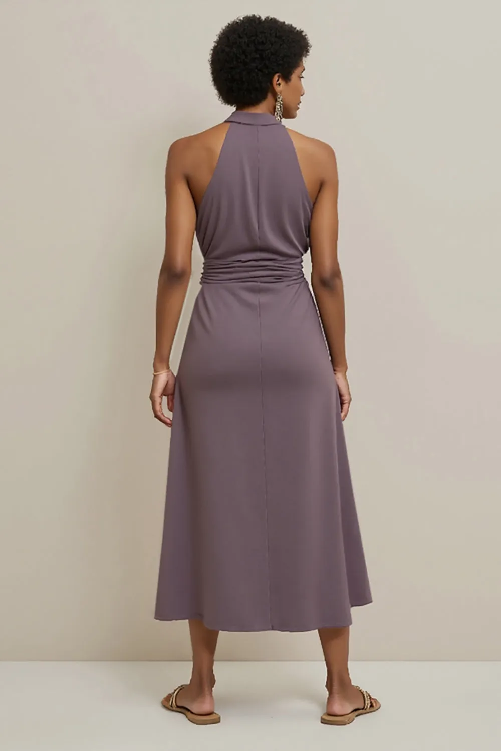 Purple Bodycon Satin Halter Midi Semi Formal Dress sold by Zapaka product image thumbnail 2