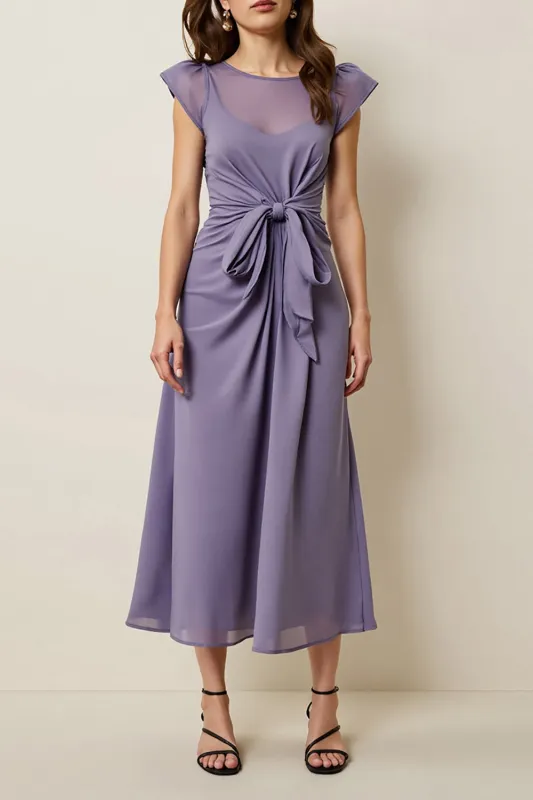 Grey Purple Chiffon A Line Semi Formal Dress with Sash sold by Zapaka