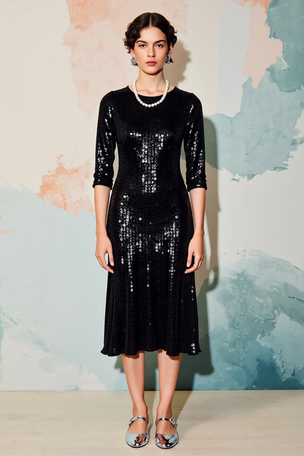 Sparkly Black Sequins Round Neck Midi Formal Dress Half Sleeves sold by Zapaka