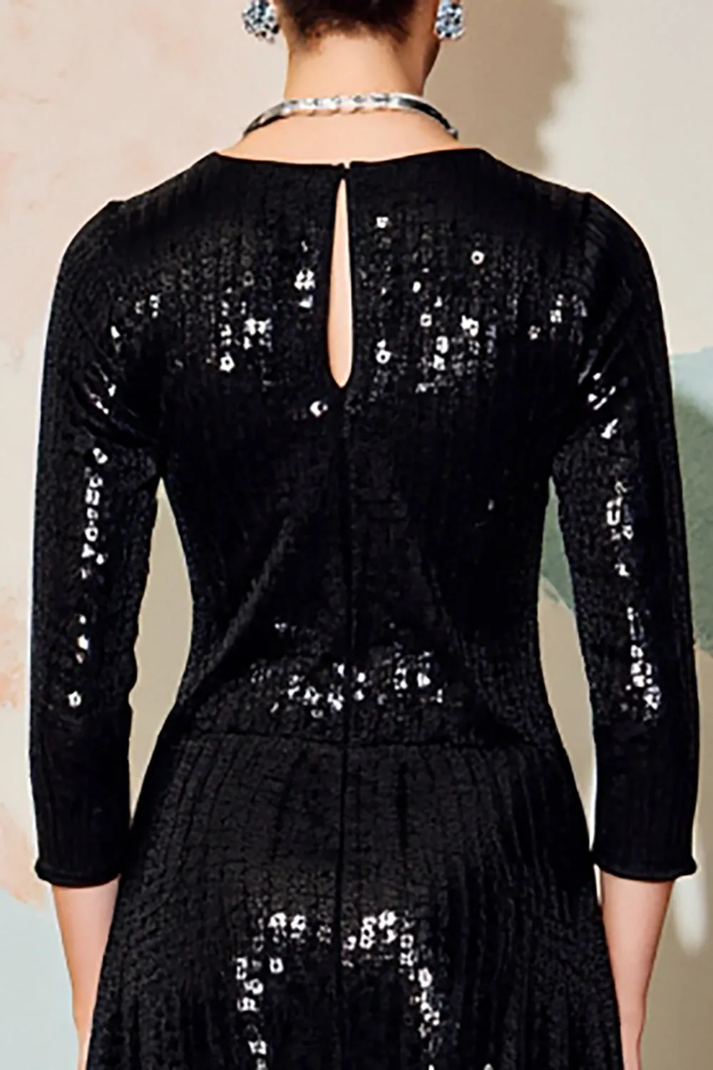 Sparkly Black Sequins Round Neck Midi Formal Dress Half Sleeves sold by Zapaka product image thumbnail 4