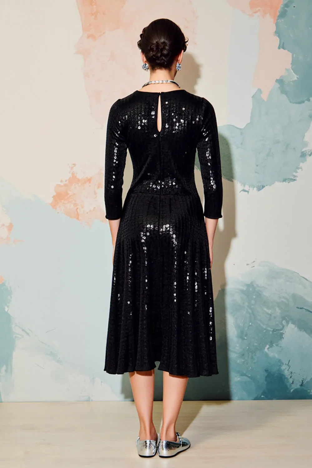 Sparkly Black Sequins Round Neck Midi Formal Dress Half Sleeves sold by Zapaka product image thumbnail 2