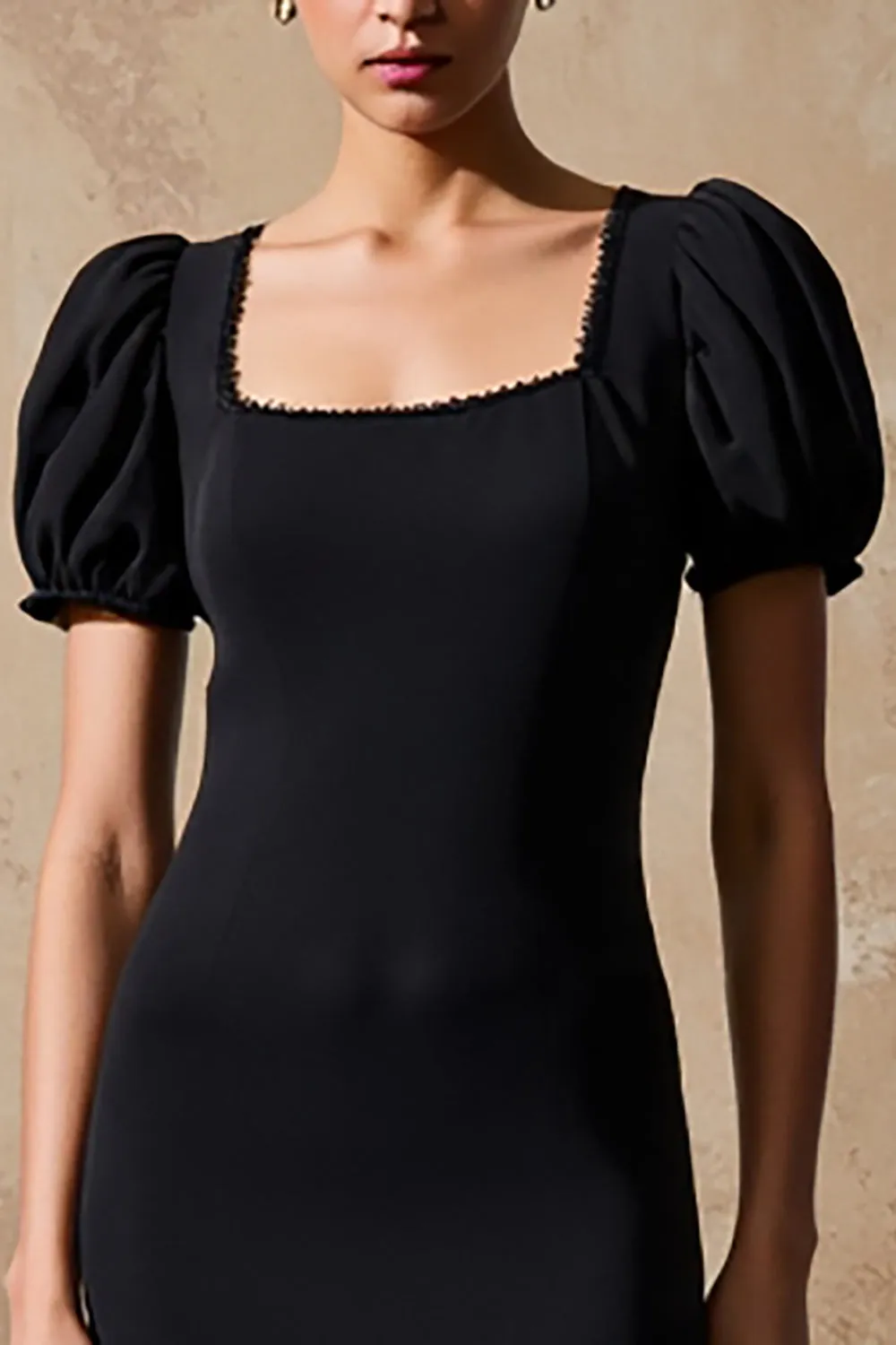 Black Square Neck Sheath Long Formal Dress with Puff Sleeves sold by Zapaka product image thumbnail 3