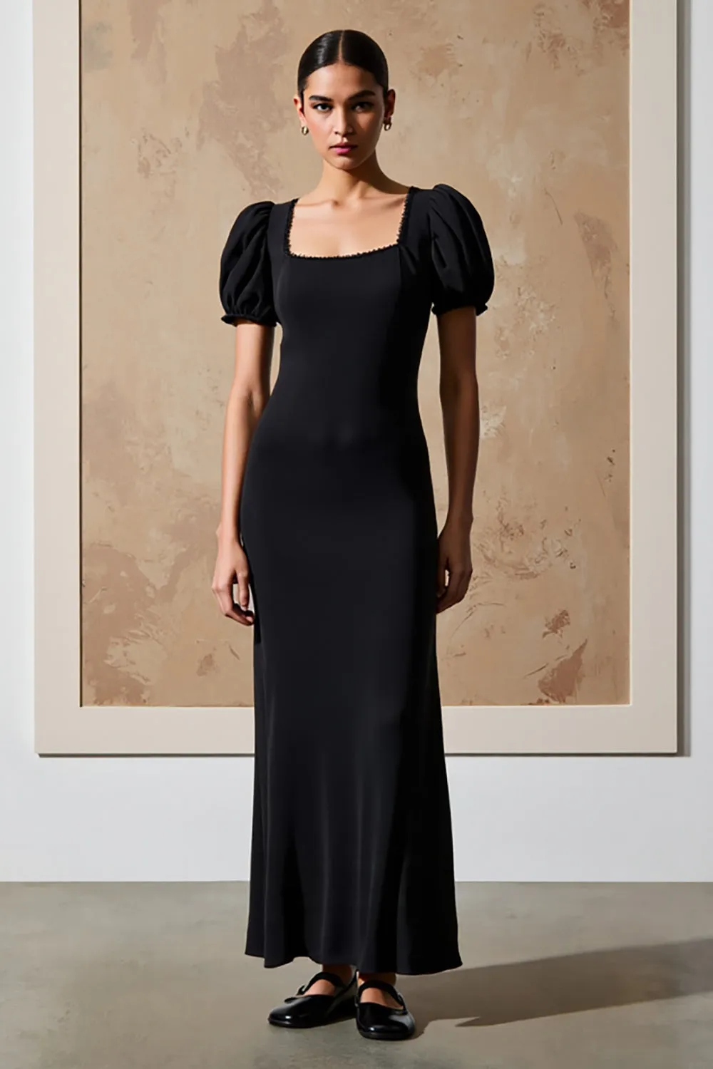 Black Square Neck Sheath Long Formal Dress with Puff Sleeves sold by Zapaka