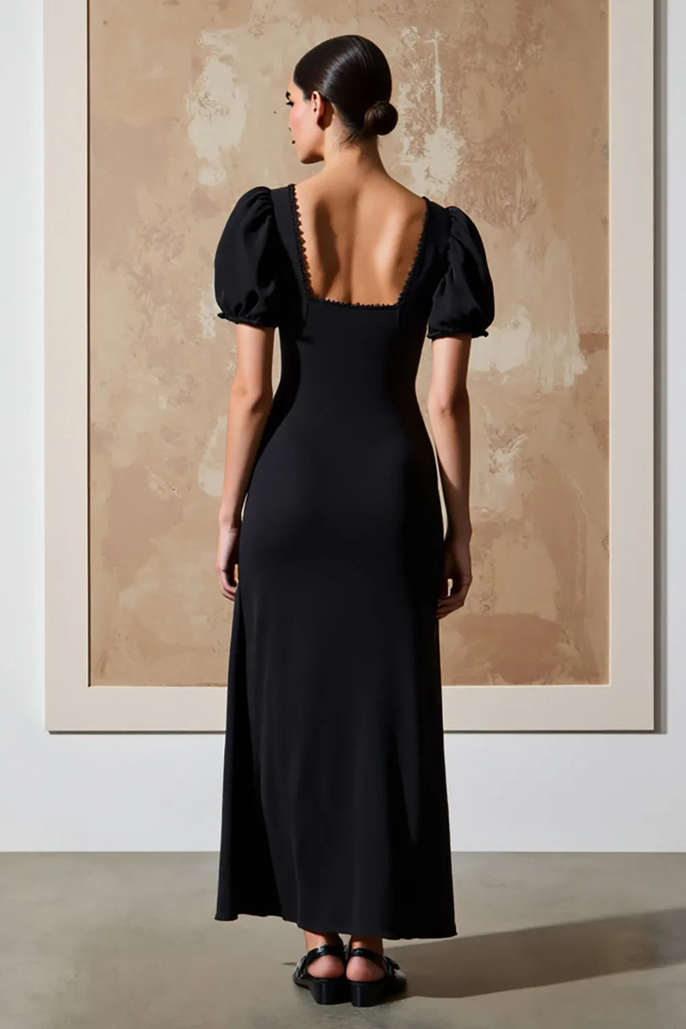 Black Square Neck Sheath Long Formal Dress with Puff Sleeves sold by Zapaka product image thumbnail 2
