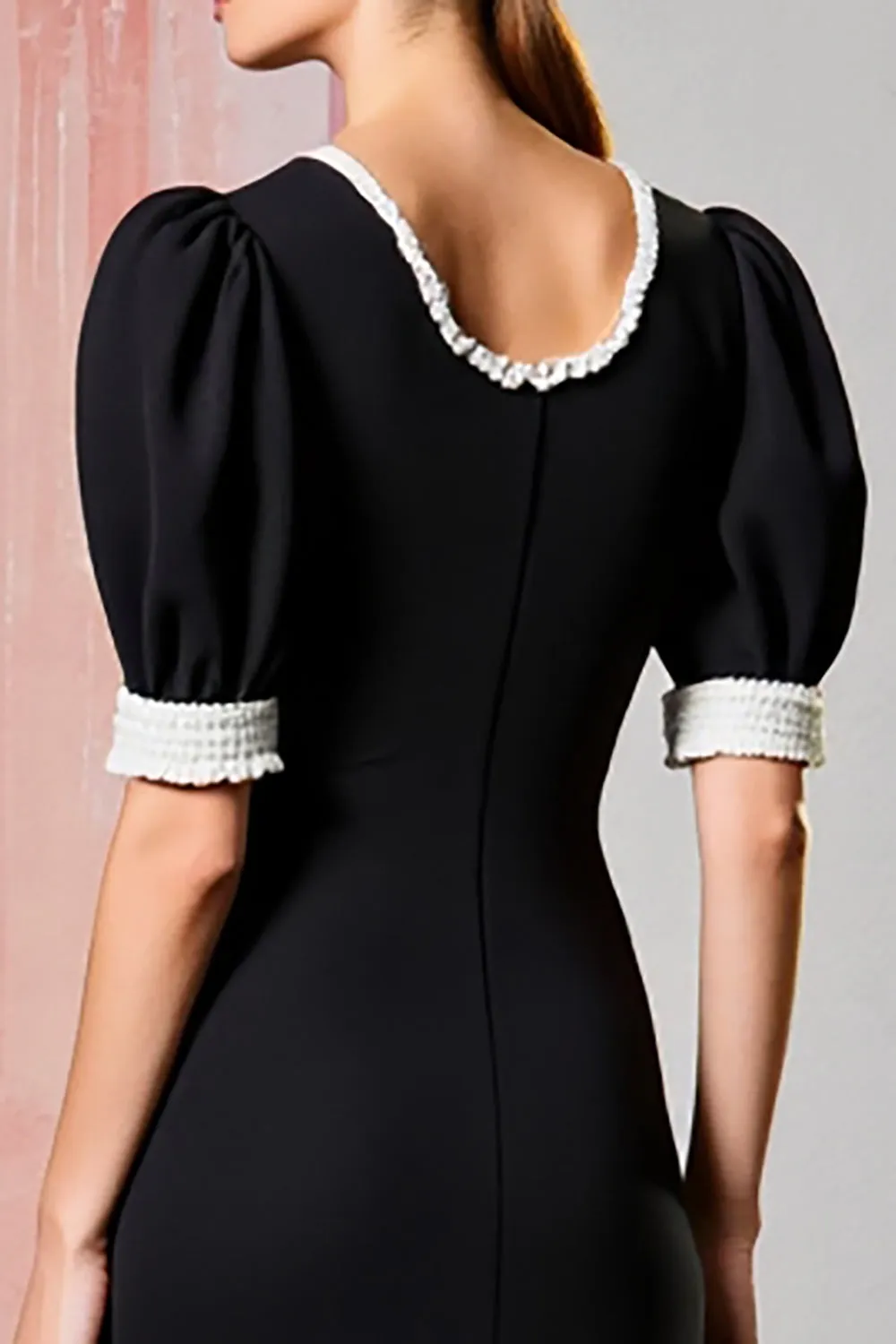 Black Round Neck Sheath Long Formal Dress with Short Sleeves sold by Zapaka product image thumbnail 4