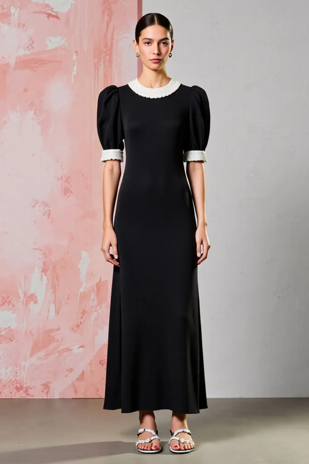 Black Round Neck Sheath Long Formal Dress with Short Sleeves sold by Zapaka