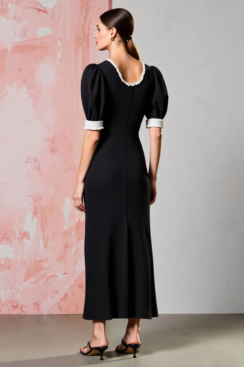 Black Round Neck Sheath Long Formal Dress with Short Sleeves sold by Zapaka product image thumbnail 2