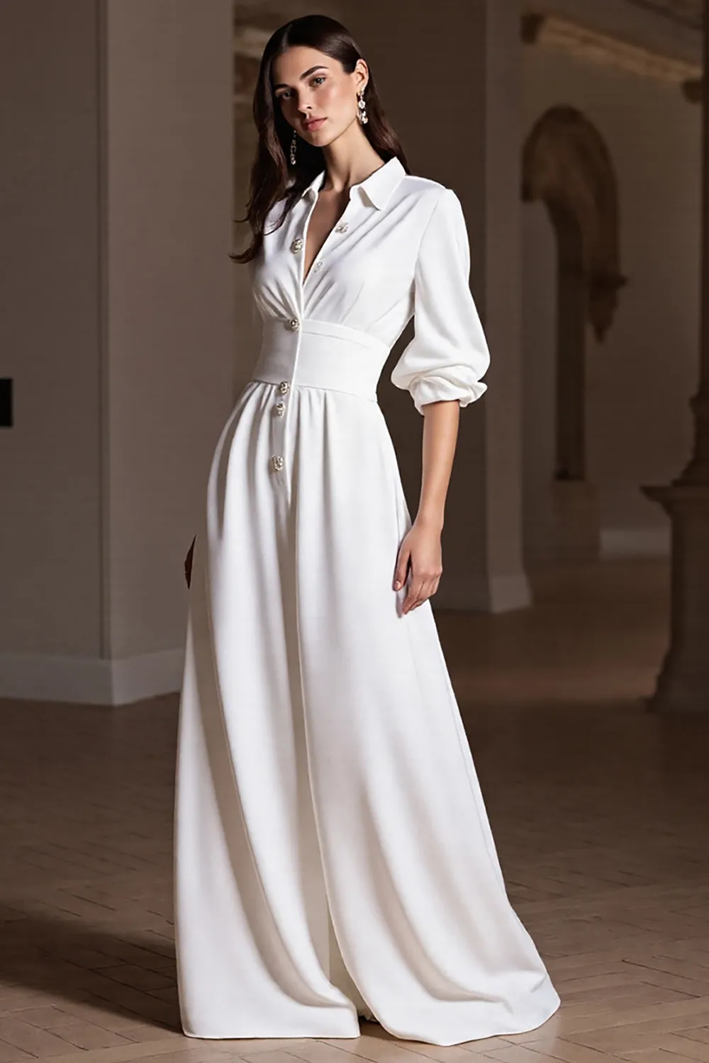 White A Line Long Formal Dress with Sleeves sold by Zapaka