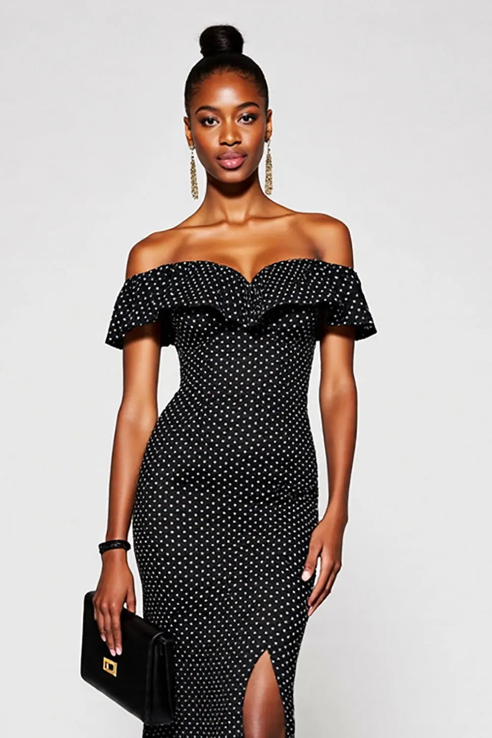 Black Off the Shoulder White Polka Dot Formal Dress with Slit sold by Zapaka product image thumbnail 3
