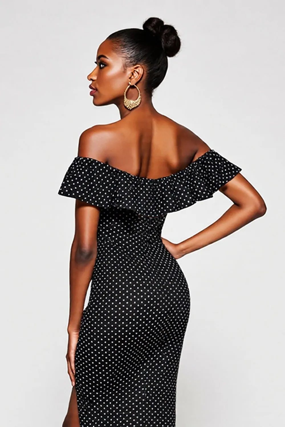 Black Off the Shoulder White Polka Dot Formal Dress with Slit sold by Zapaka product image thumbnail 4