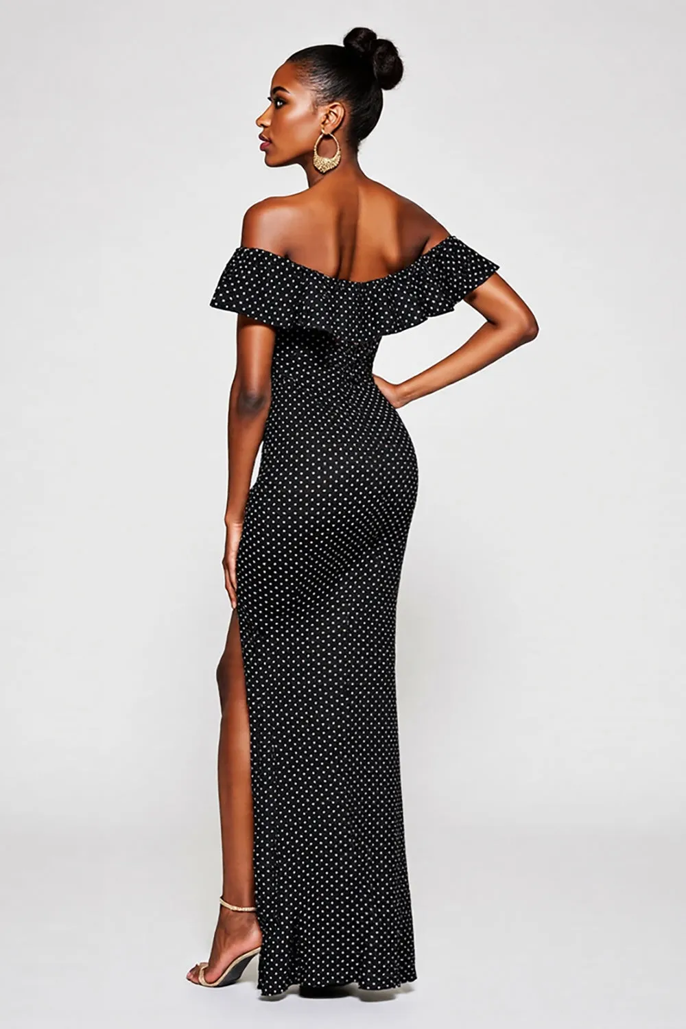 Black Off the Shoulder White Polka Dot Formal Dress with Slit sold by Zapaka product image thumbnail 2