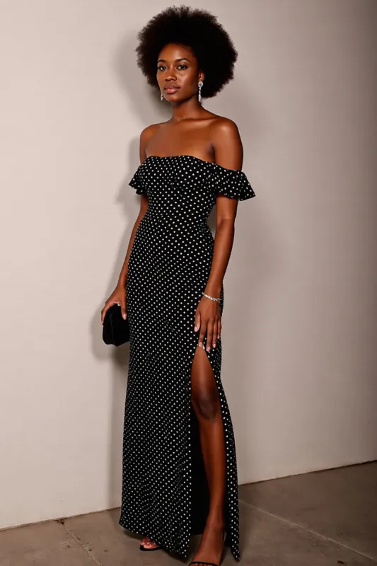 Black Off the Shoulder White Polka Dot Formal Dress with Slit sold by Zapaka