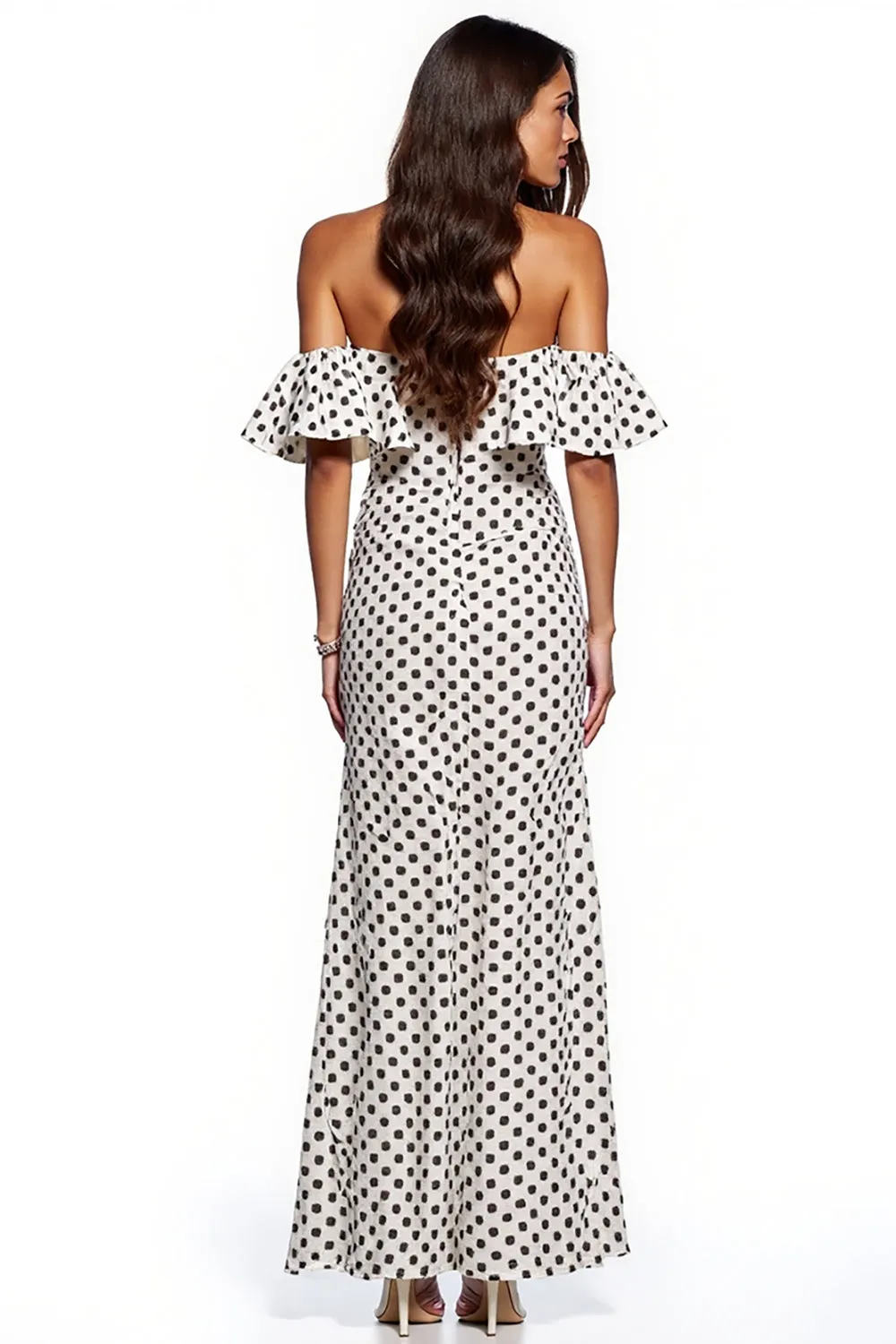 Off the Shoulder White Black Polka Dot Formal Dress with Slit sold by Zapaka product image thumbnail 2