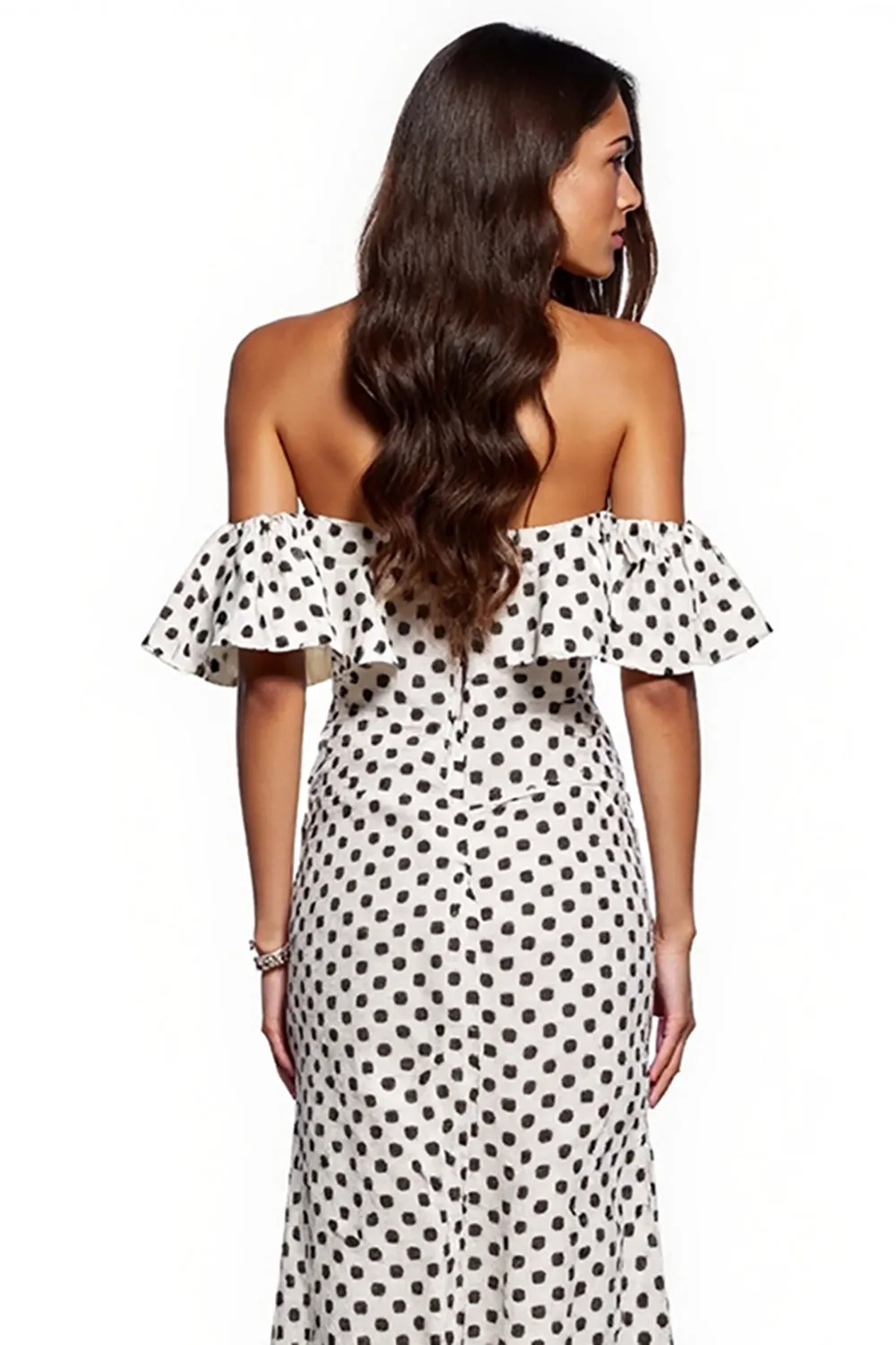 Off the Shoulder White Black Polka Dot Formal Dress with Slit sold by Zapaka product image thumbnail 4