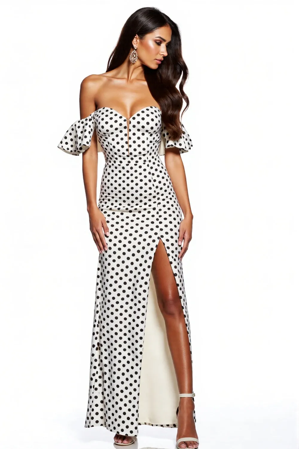 Off the Shoulder White Black Polka Dot Formal Dress with Slit sold by Zapaka