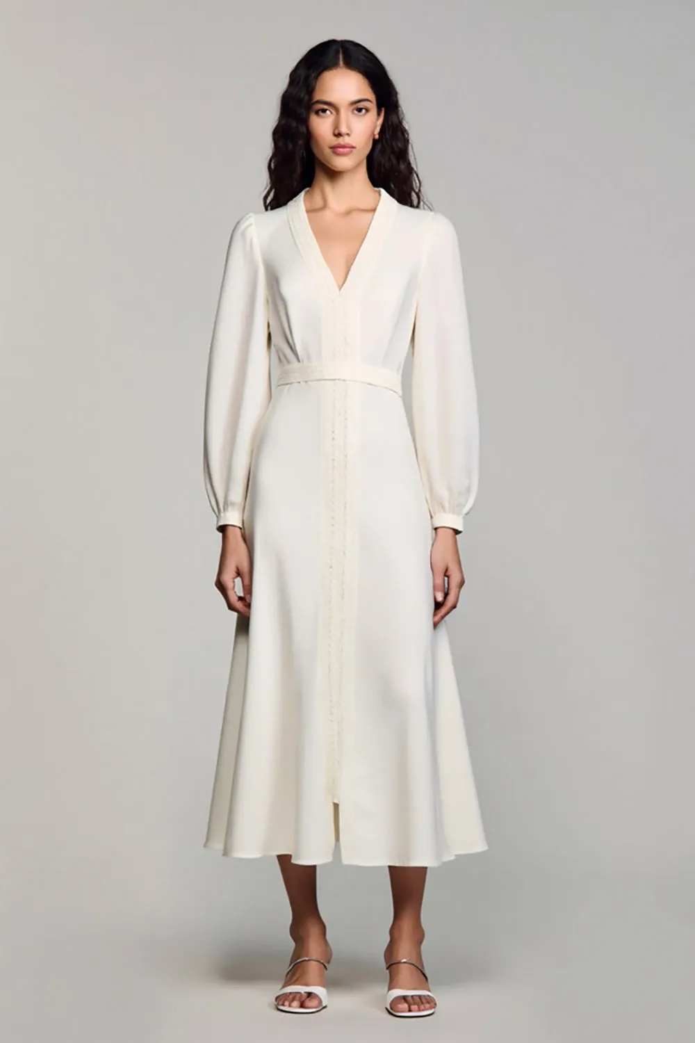 Ivory Satin A Line V-Neck Midi Formal Dress with Long Sleeves sold by Zapaka