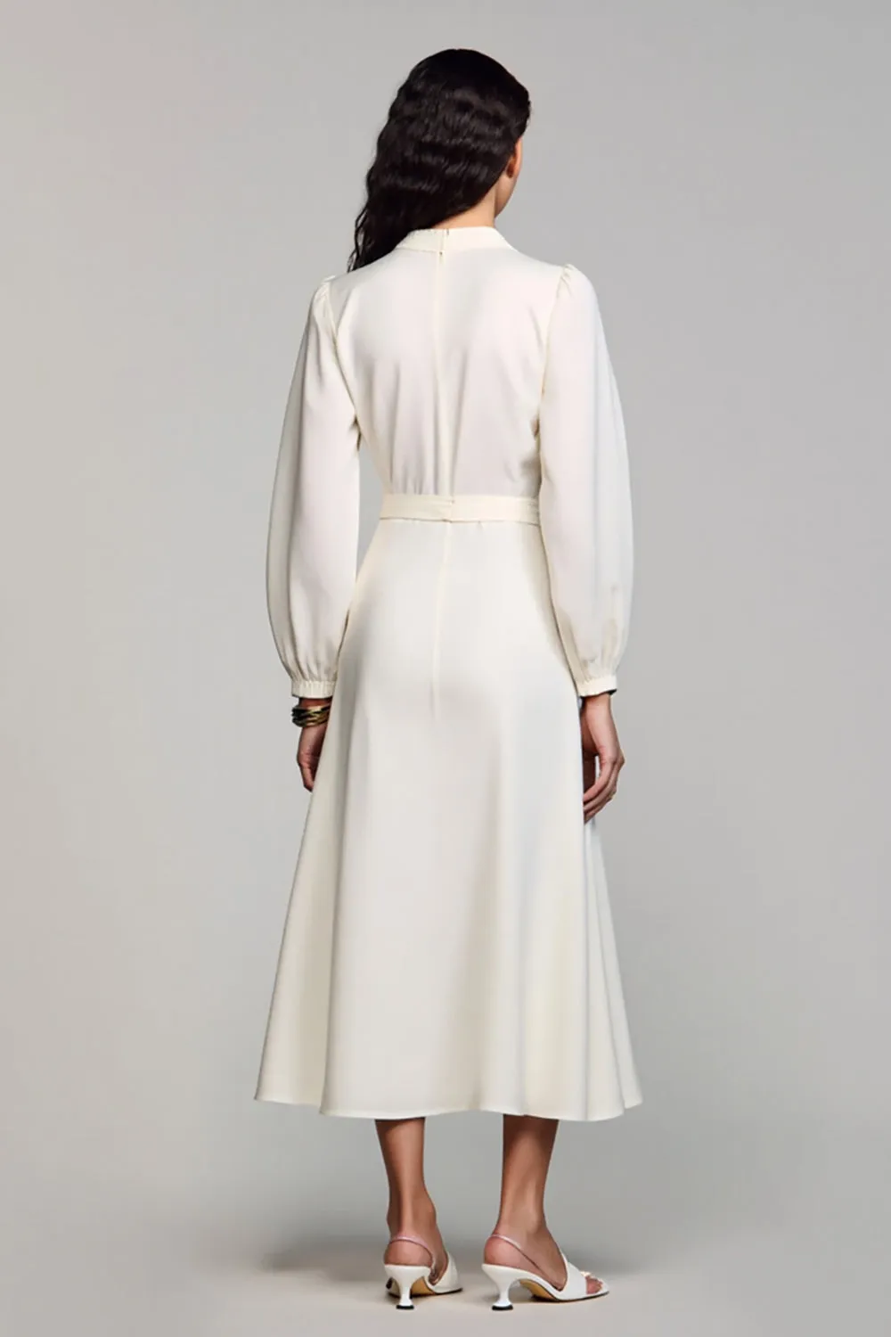 Ivory Satin A Line V-Neck Midi Formal Dress with Long Sleeves sold by Zapaka product image thumbnail 2
