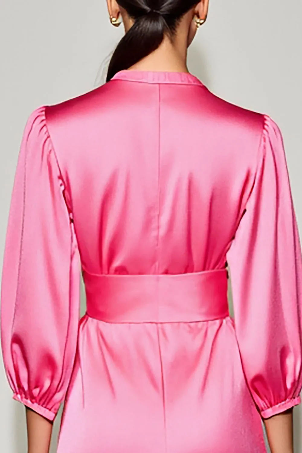 Pink V-Neck Satin Midi Summer Dress with Half Sleeves sold by Zapaka product image thumbnail 4