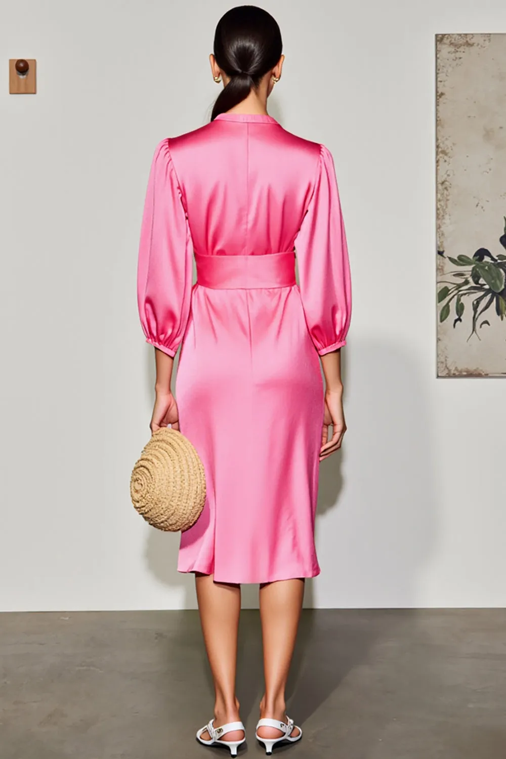 Pink V-Neck Satin Midi Summer Dress with Half Sleeves sold by Zapaka product image thumbnail 2